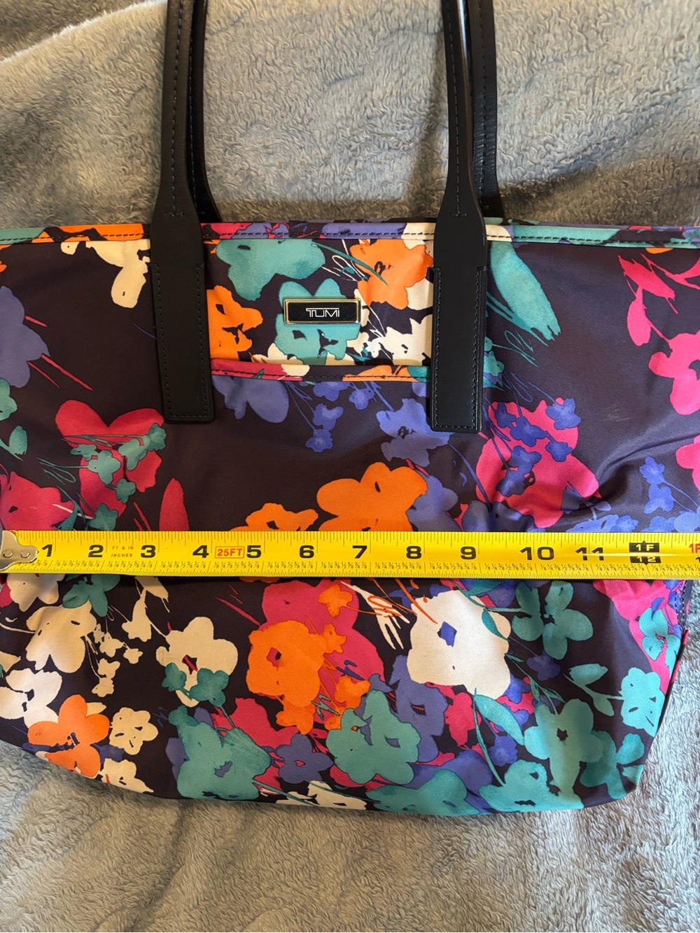 TUMI Nylon Floral Print Women's Tote Bag. Zip Top Blue Leather Double Handles. - Picture 12 of 13